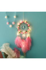 El Yapımı Kuş Tüyü Ve Led Işıklı Dekoratif Asma Düş Rüya Kapanı