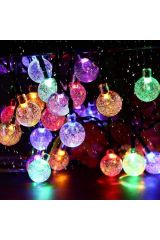 Solar 50 Led Kristal Cam Misket Top Işık Zinciri 8 Mod Renkli Güneş Enerjili Balkon Bahçe Led Işık