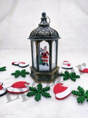 Yılbaşı Çam Ağacı & Noel Baba Tasarımlı Gold Sulu Simli Fener Tipi Işıklı Küre