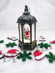 Yılbaşı Çam Ağacı & Noel Baba Tasarımlı Gold Sulu Simli Fener Tipi Işıklı Küre