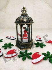 Yılbaşı Noel Baba & Çam Ağacı Tasarımlı Gold Sulu Simli Fener Tipi Işıklı Küre