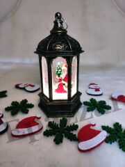 Yılbaşı Noel Baba & Çam Ağacı Tasarımlı Gold Sulu Simli Fener Tipi Işıklı Küre