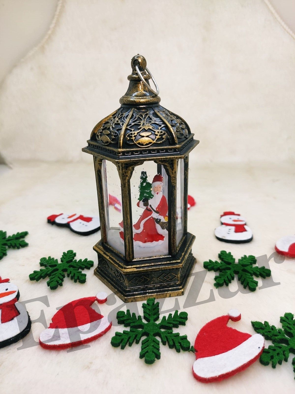 Yılbaşı Noel Baba & Çam Ağacı Tasarımlı Gold Sulu Simli Fener Tipi Işıklı Küre