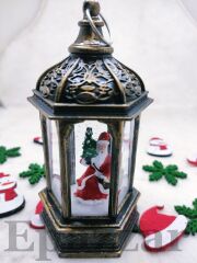 Yılbaşı Noel Baba & Çam Ağacı Tasarımlı Gold Sulu Simli Fener Tipi Işıklı Küre