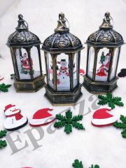 3 Adet Yılbaşı Kardan Adam & Noel Baba & Çam Ağacı Tasarımlı Gold Sulu Simli Fener Tipi Işıklı Küre