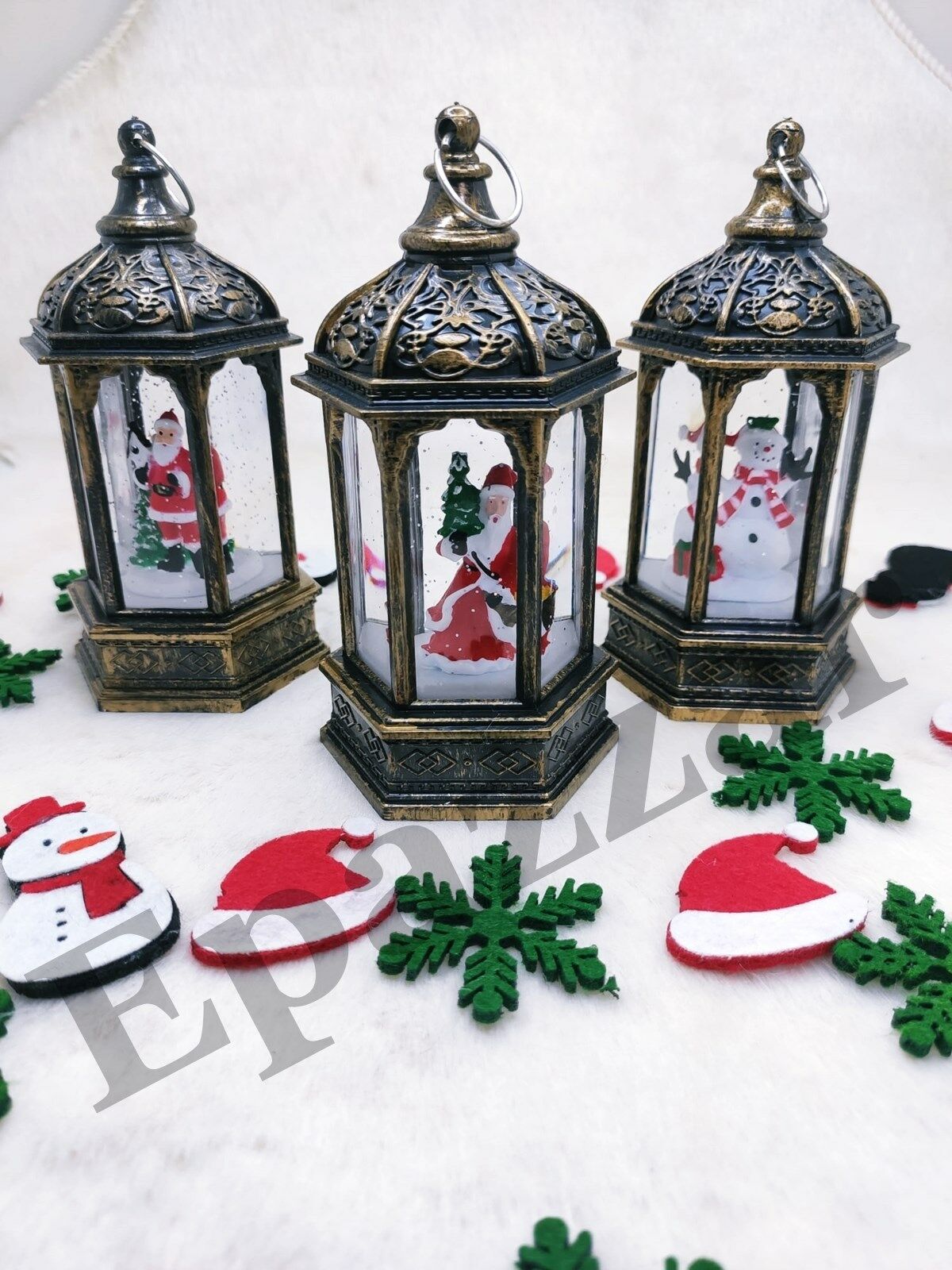 3 Adet Yılbaşı Kardan Adam & Noel Baba & Çam Ağacı Tasarımlı Gold Sulu Simli Fener Tipi Işıklı Küre