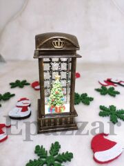 Yılbaşı Telefon Kulübesi Çam Ağacı Tasarımlı Gold Sulu Simli Işıklı Küre