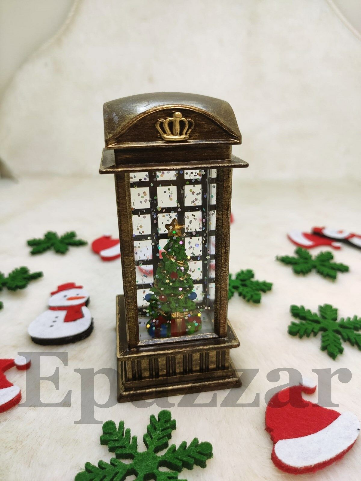 Yılbaşı Telefon Kulübesi Çam Ağacı Tasarımlı Gold Sulu Simli Işıklı Küre