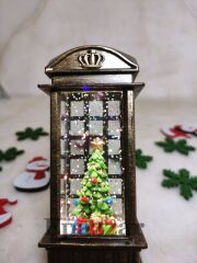 Yılbaşı Telefon Kulübesi Çam Ağacı Tasarımlı Gold Sulu Simli Işıklı Küre