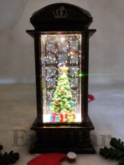 Yılbaşı Telefon Kulübesi Çam Ağacı Tasarımlı Gold Sulu Simli Işıklı Küre