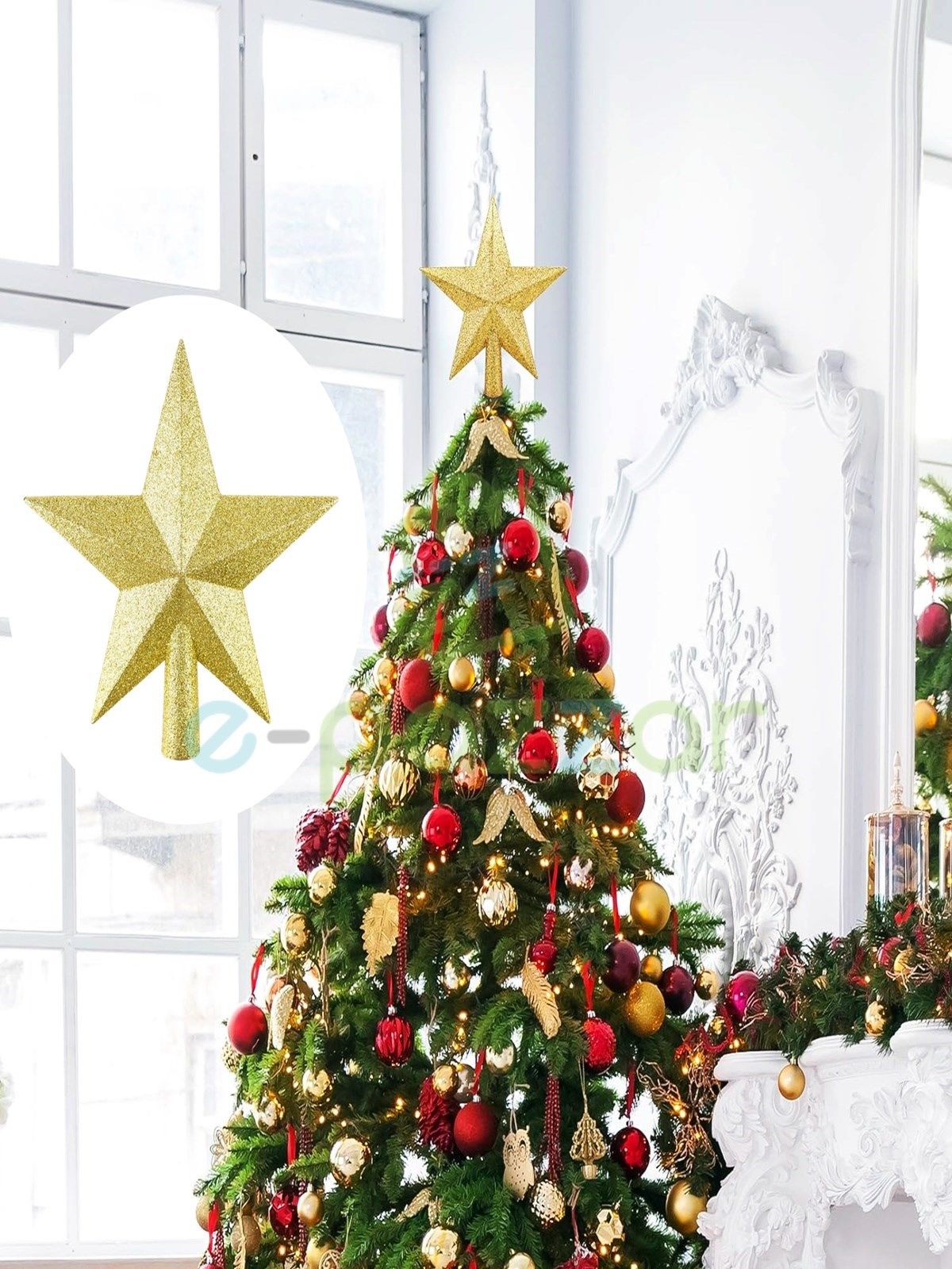 20 Cm Gold Dore Simli Işıltılı Noel Christmas Yılbaşı Ağaç Konsept Süsleme Tepe Yıldızı