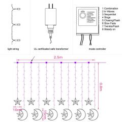 Ay Yıldız Perde LED Işık Dekorasyon Süsleme  8 Fonksiyonlu Fişli 4 Mevsim Işıklandırma Günışığı
