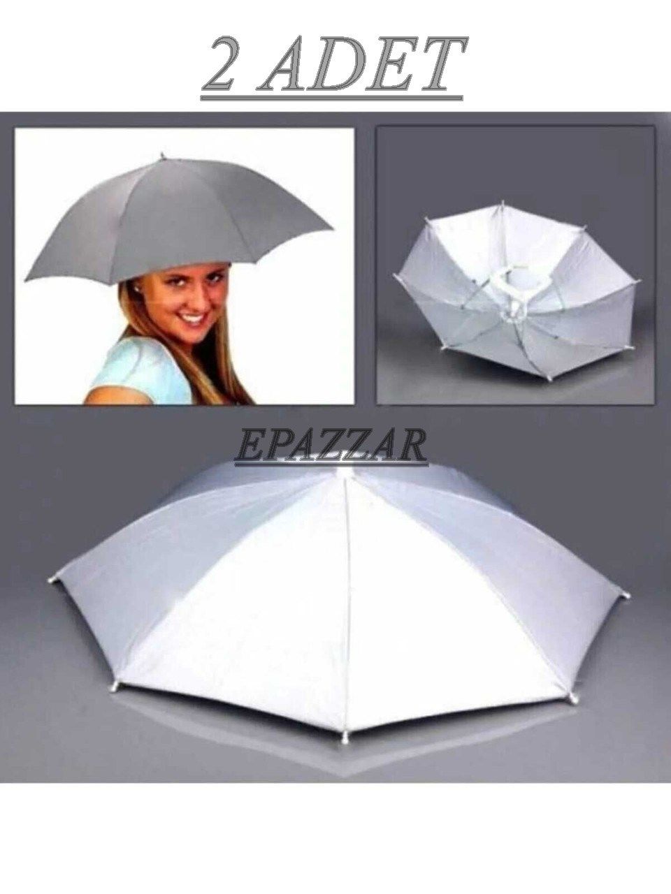 2 Adet Beyaz Lastikli Plaj Yazlık Kafa Şemsiyesi Güneşlik Şapka Şemsiye Beyaz 2 Adet Şemsiye