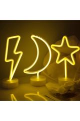 Dekoratif Hediyelik Ay Yıldız Şimşek 3'lü Usb Ve Pilli Neon Led Işık Lamba