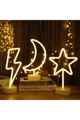 Dekoratif Hediyelik Ay Yıldız Şimşek 3'lü Usb Ve Pilli Neon Led Işık Lamba