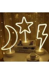 Dekoratif Hediyelik Ay Yıldız Şimşek 3'lü Usb Ve Pilli Neon Led Işık Lamba