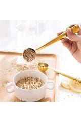 2 Adet Kahve Ölçü Kaşığı Ve Paket Klipsi Paslanmaz Çelik Çok Fonksiyonlu Kaşık 2 Adet Gold