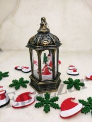 Yılbaşı Noel Baba & Çam Ağacı Tasarımlı Gold Sulu Simli Fener Tipi Işıklı Küre