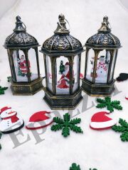 3 Adet Yılbaşı Kardan Adam & Noel Baba & Çam Ağacı Tasarımlı Gold Sulu Simli Fener Tipi Işıklı Küre