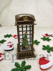 Yılbaşı Telefon Kulübesi Çam Ağacı Tasarımlı Gold Sulu Simli Işıklı Küre