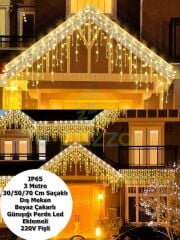 Ip65 3 Mt. 30/50/70 Cm Saçaklı Dış Mekan Beyaz Çakarlı Günışığı Perde Led Eklemeli 220v Fişli