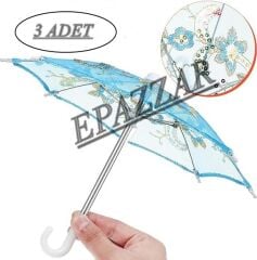 3 Adet İşlemeli Ufak Dekorasyon Şemsiyesi - Dantelli Konsept Parti Süs Şemsiyesi