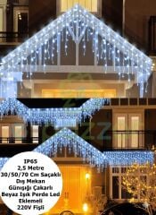Ip65 2,5 Mt. 30/50/70 Cm Saçaklı Dış Mekan Günışığı Çakarlı Beyaz Işık Perde Led Eklemeli 220v Fişli