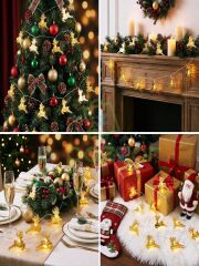 2 Mt 10'lu Gold Metal Geyik Noel Christmas Yılbaşı Parti Dekor Ağaç Konsept Süsleme Pilli Led Işık