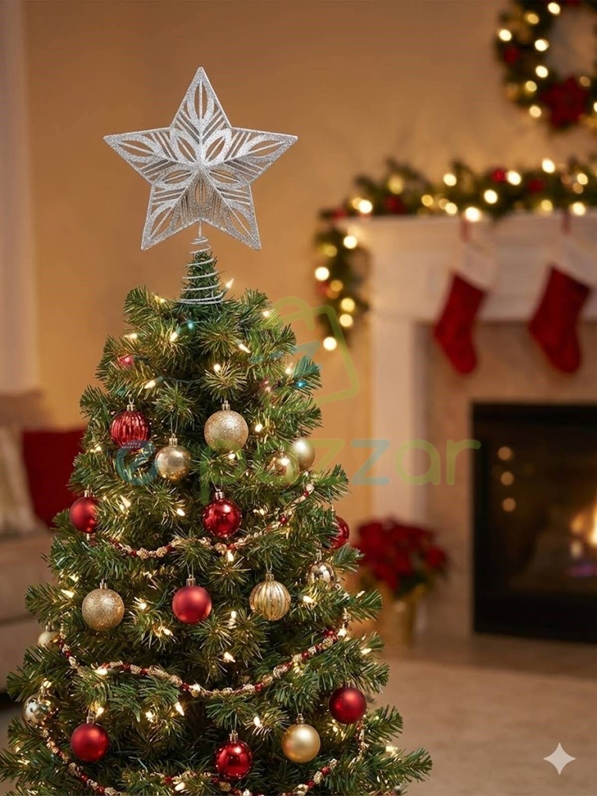 25 Cm Lüx Gümüş Simli  Yılbaşı Ağacı Tepe Yıldızı Organizasyon Christmas Konsept Parti Dekor Süsleme