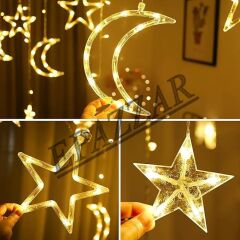 Usb ve Kumandalı Ay Yıldız Perde Led Işık 12 Sarkıt 8 Fonksiyon Dekor Vitrin Süsleme USB Kumandalı