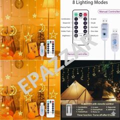 Usb ve Kumandalı Ay Yıldız Perde Led Işık 12 Sarkıt 8 Fonksiyon Dekor Vitrin Süsleme USB Kumandalı