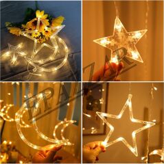 Usb ve Kumandalı Ay Yıldız Perde Led Işık 12 Sarkıt 8 Fonksiyon Dekor Vitrin Süsleme USB Kumandalı