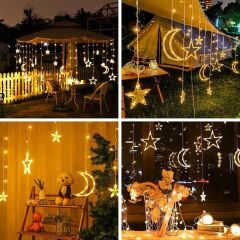 Usb ve Kumandalı Ay Yıldız Perde Led Işık 12 Sarkıt 8 Fonksiyon Dekor Vitrin Süsleme USB Kumandalı