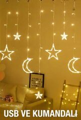 Usb ve Kumandalı Ay Yıldız Perde Led Işık 12 Sarkıt 8 Fonksiyon Dekor Vitrin Süsleme USB Kumandalı