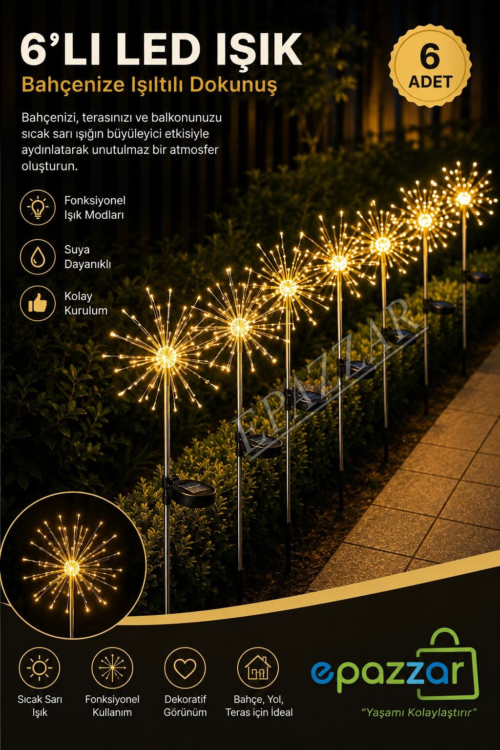 6 Adet Solar Güneş Enerjili 8 Fonksiyonlu 150Led Mekan Bahçe Dekorasyon Aydınlatma Süsleme