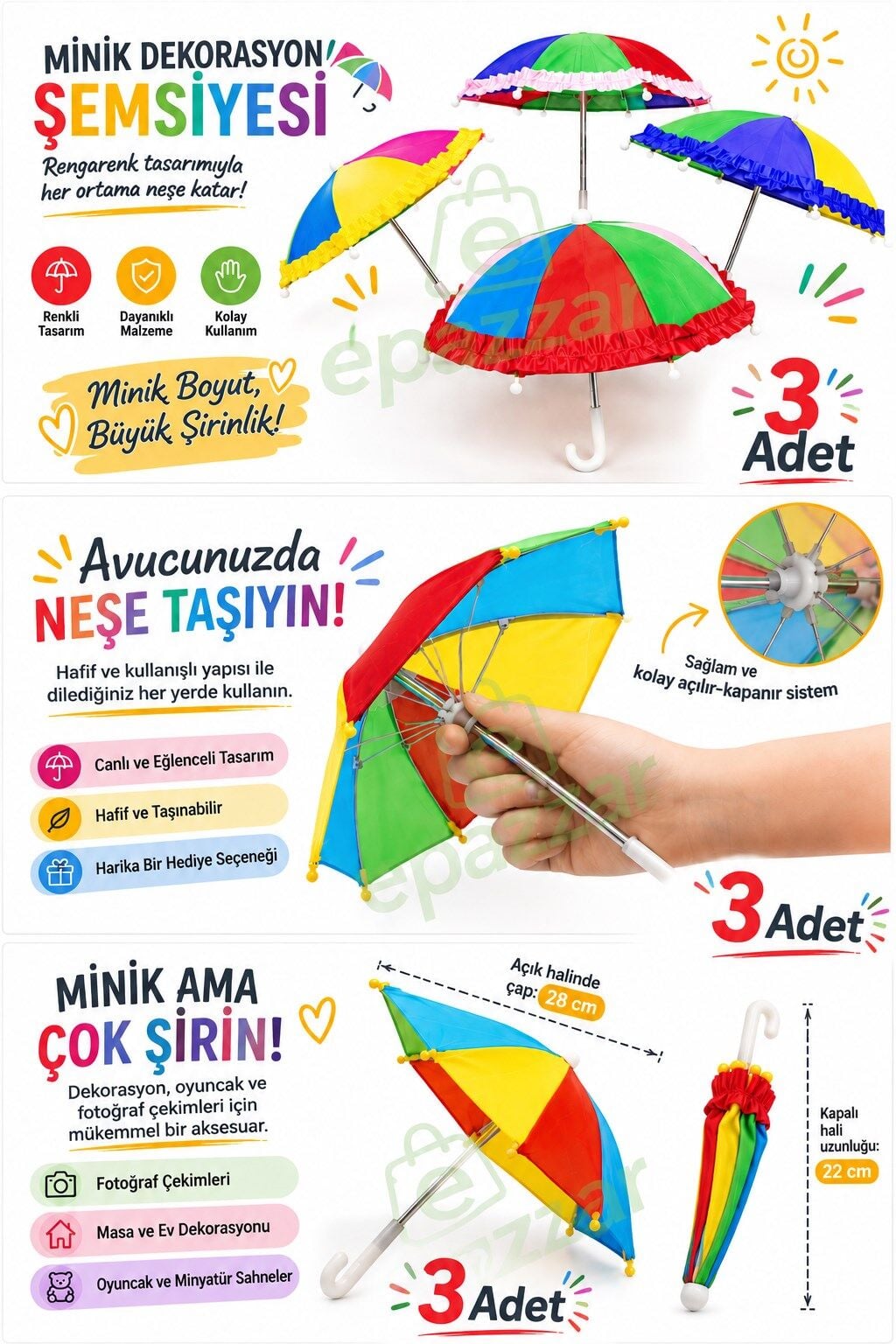 3 Adet Minik Gökkuşağı Renk Dekorasyon Şemsiyesi - Küçük Minik Konsept Parti Süs Şemsiyesi 3 Adet