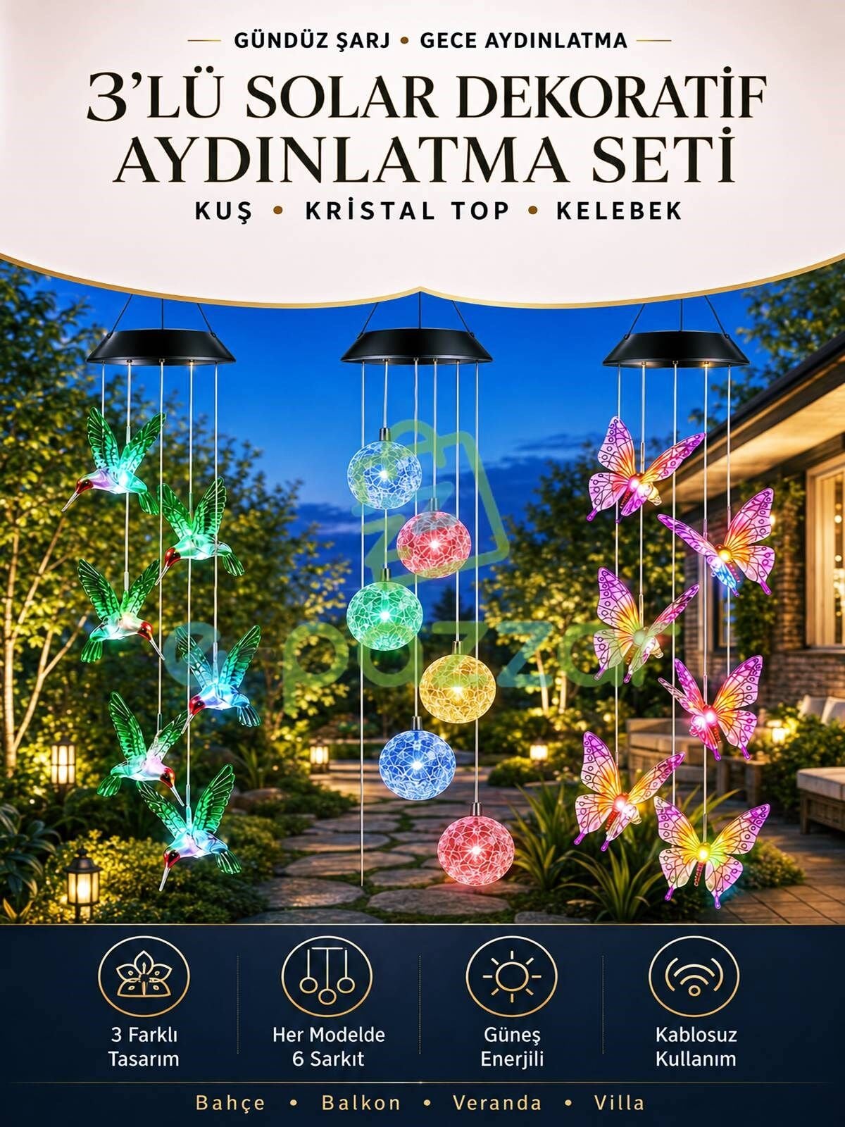 3'lü Set Multicolor Renk Geçişli Kuş / Kelebek /Kristal Top Silikon 6'lı Sarkıt SolarBahçe Led Işık