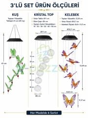 3'lü Set Multicolor Renk Geçişli Kuş / Kelebek /Kristal Top Silikon 6'lı Sarkıt SolarBahçe Led Işık