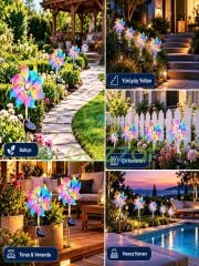 4 Adet Hologramlı 8 Fonksiyon Multicolor Rüzgar Gülü Solar Panelli Bahçe Veranda Aydınlatma Led Işık
