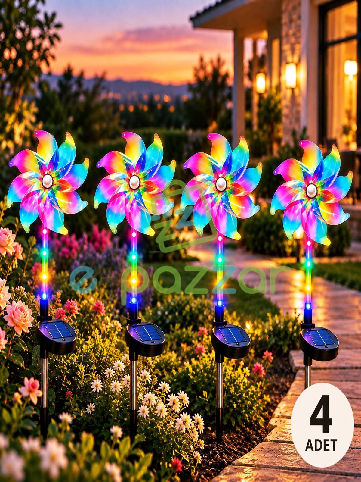 4 Adet Hologramlı 8 Fonksiyon Multicolor Rüzgar Gülü Solar Panelli Bahçe Veranda Aydınlatma Led Işık