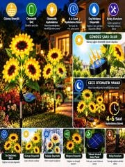 2 Adet Gerçekçi 3 Dal Ayçiçeği Solar Panelli Bahçe Balkon Teras Veranda Aydınlatma Günışığı Led Işık