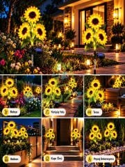 2 Adet Gerçekçi 3 Dal Ayçiçeği Solar Panelli Bahçe Balkon Teras Veranda Aydınlatma Günışığı Led Işık