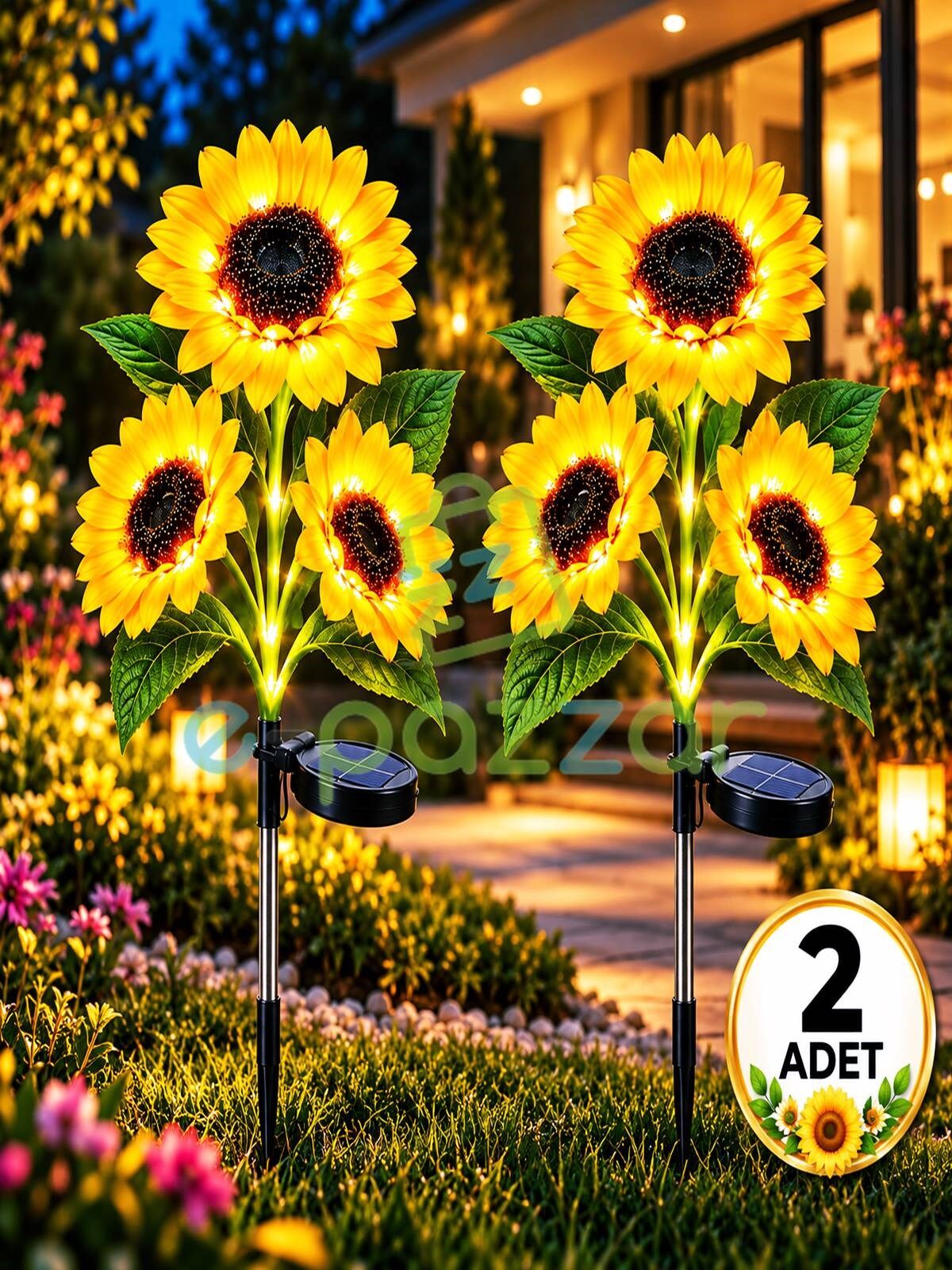 2 Adet Gerçekçi 3 Dal Ayçiçeği Solar Panelli Bahçe Balkon Teras Veranda Aydınlatma Günışığı Led Işık