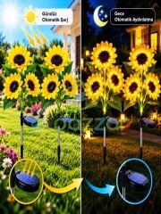2 Adet Gerçekçi 3 Dal Ayçiçeği Solar Panelli Bahçe Balkon Teras Veranda Aydınlatma Günışığı Led Işık