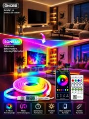 5 Metre Rgb Neon Led Şerit Esnek Silikon Usb Bağlantılı Kumandalı Telefon Kontrollü Zaman Ayarlamalı