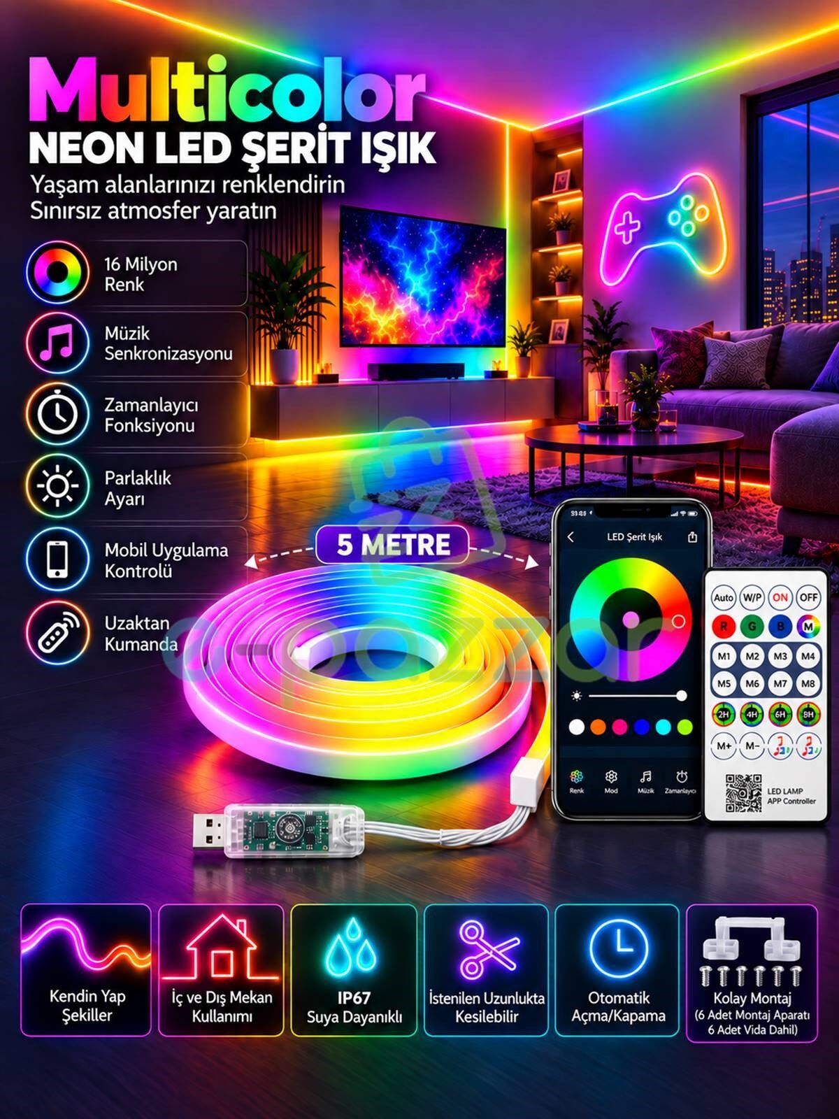 5 Metre Rgb Neon Led Şerit Esnek Silikon Usb Bağlantılı Kumandalı Telefon Kontrollü Zaman Ayarlamalı