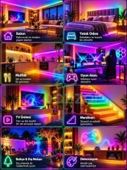 5 Metre Rgb Neon Led Şerit Esnek Silikon Usb Bağlantılı Kumandalı Telefon Kontrollü Zaman Ayarlamalı